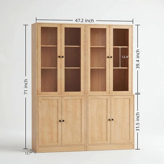 TUSY 71'' Bookshelf with Doors - 5 Tier Freestanding Tall Bookcase, Modern Storage Cabinet for Home Office, Curio Cabinets with Glass Door for Living Room, Bedroom (2, Wood)