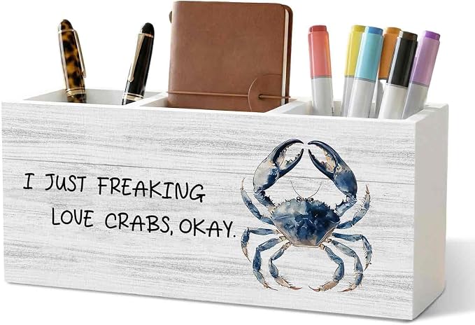 Coastal Beach Crab Pencil Pen Holder for Desk Organizer, Crab Gifts, I Just Freaking Love Crabs Okay Wooden Box Decorations for Home Office Bedroom Desk Tabletop Decor