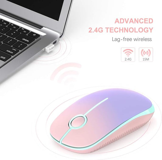 Unipows Wireless Mouse - 2.4G Slim Portable Computer Mouse with Nano Receiver, Less Noise Mobile Optical Mice for Notebook, PC, Laptop, Computer, Mac (Gradient Pink to Purple)