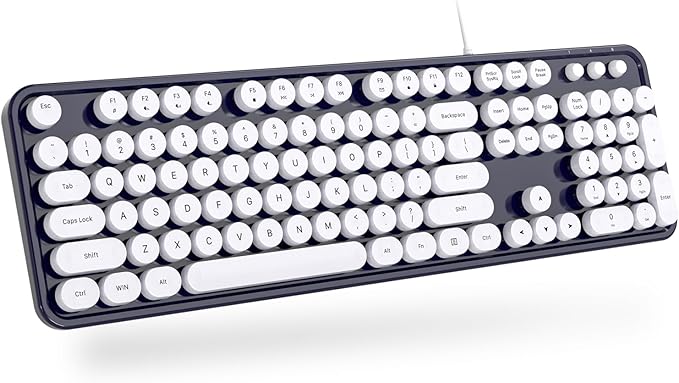 MOWUX Computer Keyboard Wired, Plug and Play USB Retro Round Typewriter Keyboard, Full Size Wired Keyboard with Foldable Stands for Laptop and Office PC- Dark Blue