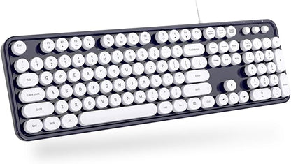 MOWUX Computer Keyboard Wired, Plug and Play USB Retro Round Typewriter Keyboard, Full Size Wired Keyboard with Foldable Stands for Laptop and Office PC- Dark Blue