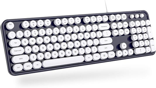 MOWUX Computer Keyboard Wired, Plug and Play USB Retro Round Typewriter Keyboard, Full Size Wired Keyboard with Foldable Stands for Laptop and Office PC- Dark Blue