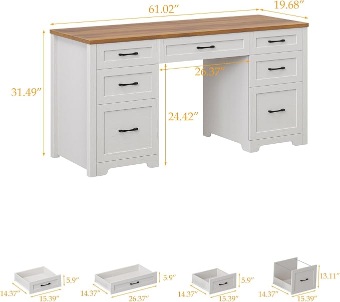 Vabches Farmhouse 61'' Executive Desk with 7 Drawers, Rustic Office Desk Computer Table with File Drawers, Wood Workstation for Study and Home Office,Unique White