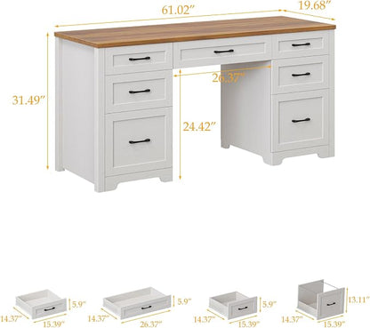 Vabches Farmhouse 61'' Executive Desk with 7 Drawers, Rustic Office Desk Computer Table with File Drawers, Wood Workstation for Study and Home Office,Unique White