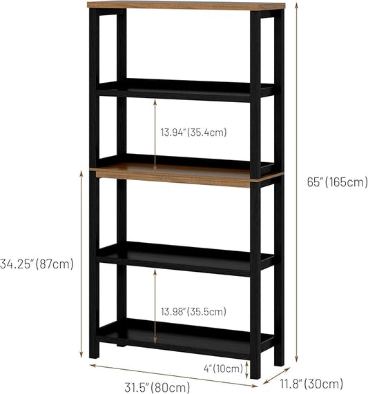 Vlsrka Wooden Bookshelf with Lights, 5 Tier Bookshelf with Storage, Tall Bookcase with Open Shelves, Standing Bookshelves Display Rack for Living Room, Home Office, Black