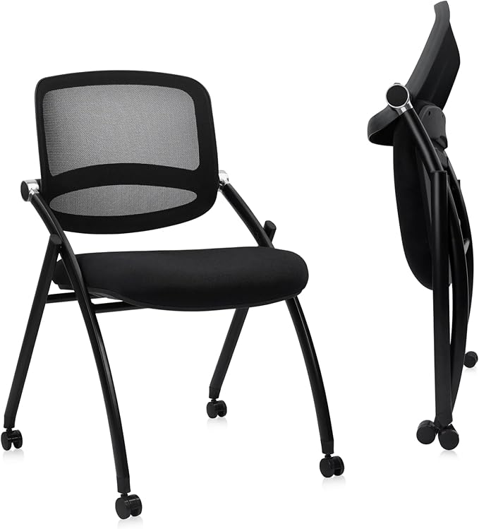 CLATINA Stackable & Foldable Conference Chair with Wheels, Ergonomic Mesh Back,300lbs Capacity, Breathable Padded Seat, Armless Office Chair for Reception, Training, Home Office, Black, 2PK
