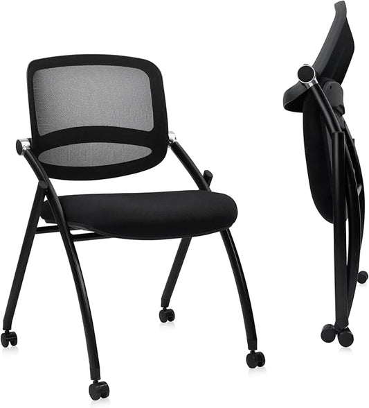 CLATINA Stackable & Foldable Conference Chair with Wheels, Ergonomic Mesh Back,300lbs Capacity, Breathable Padded Seat, Armless Office Chair for Reception, Training, Home Office, Black, 2PK