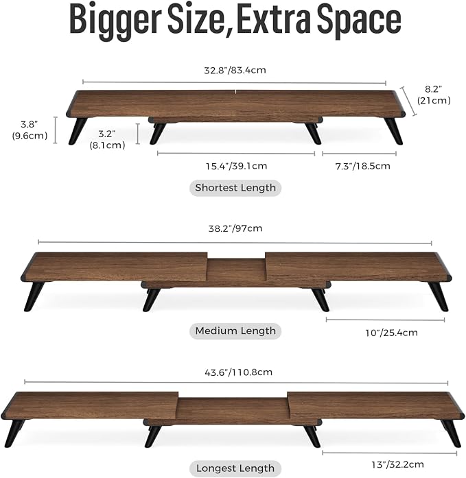 loukin Dual Monitor Stand Riser for Desk, 43.6"*8.2"*3.2" Large Computer Stand for 2 Monitors, Laptop, Printer, Length and Angle Adjustable Computer Shelf, Home Office,Max 43.6" Length(Brown)
