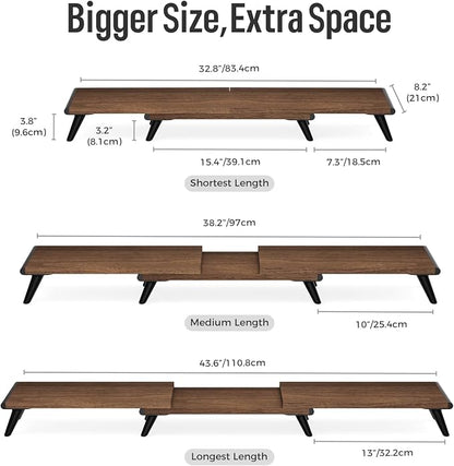 loukin Dual Monitor Stand Riser for Desk, 43.6"*8.2"*3.2" Large Computer Stand for 2 Monitors, Laptop, Printer, Length and Angle Adjustable Computer Shelf, Home Office,Max 43.6" Length(Brown)