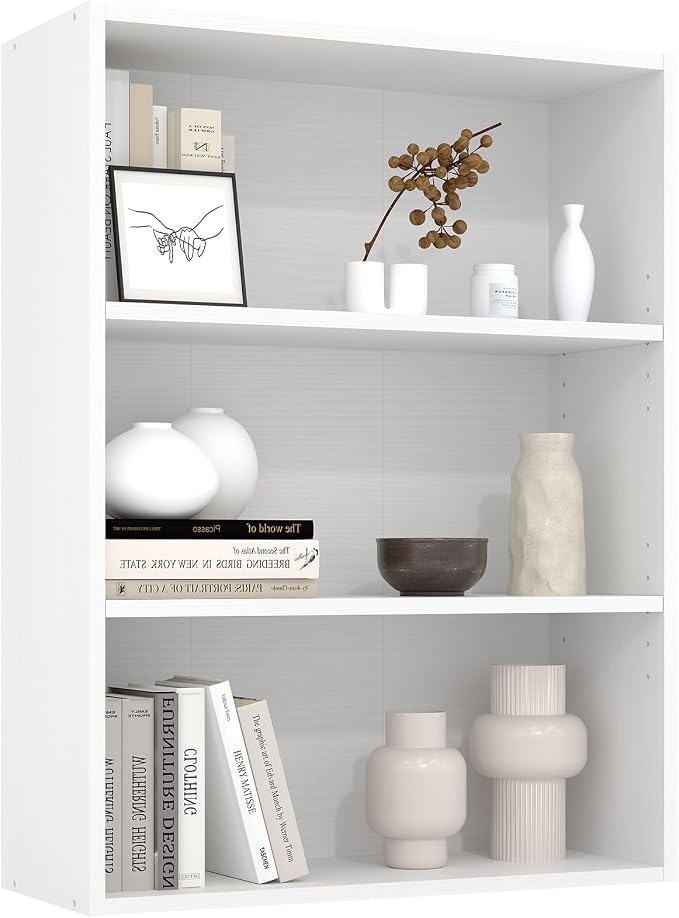 Sweetcrispy Industrial 3 Shelf Bookcase - Large 31.5 Inch Tall Floor Standing Open Bookshelf for Home Office, Living Room, and Bedroom Storage, Display Organizer, White