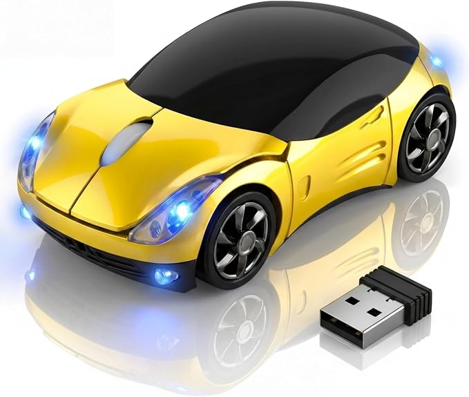 Yellow Wireless Car Mouse, 2.4G with USB Receiver, 1600DPI Optical, Ergonomic Mini Computer Mouse, for Laptop, PC, Tablet, Windows, Mac OS