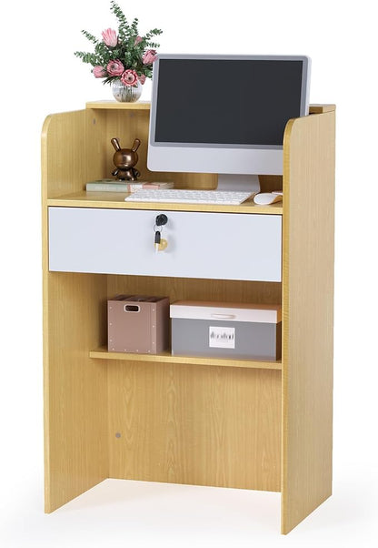 OmySalon Reception Desk with Counter, Small Front Checkout Desk w/Lockable Drawer, Wooden Modern Reception Table for Salon Lobby Office Home (Original Wood, 24)
