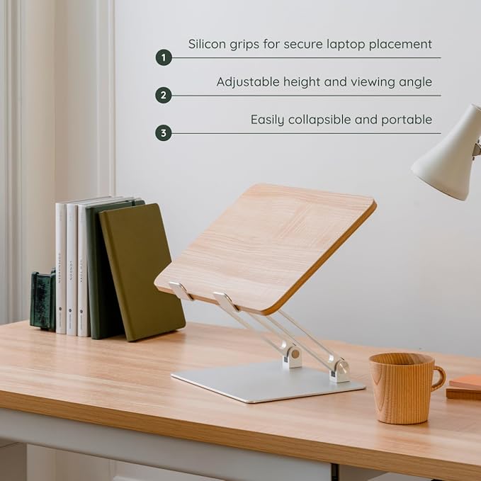 Branch Adjustable Laptop Stand - Portable Wooden Laptop Riser with Customizable Height & Angle - Foldable - Secure Silicon Grips for Home or Office - Woodgrain