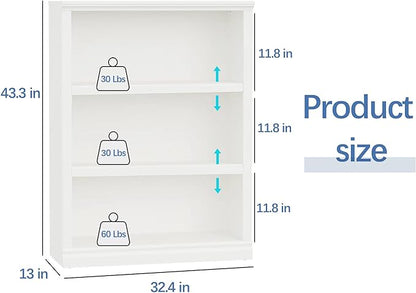 blini 3-Shelf Bookcase White Wooden Bookshelves 33in Wide Floor Standing Display Storage Book Shelves Tall Bookcase for Home Office, Living Room, Bedroom