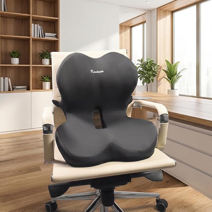 Navizam Lumbar Support Pillow for Office Chair – Seat Cushions for Office Chairs - Back Support for Office Chair, Pillow for Car – Chair Cushion with Anti-Slip Base, Backrest with Elastic Strap