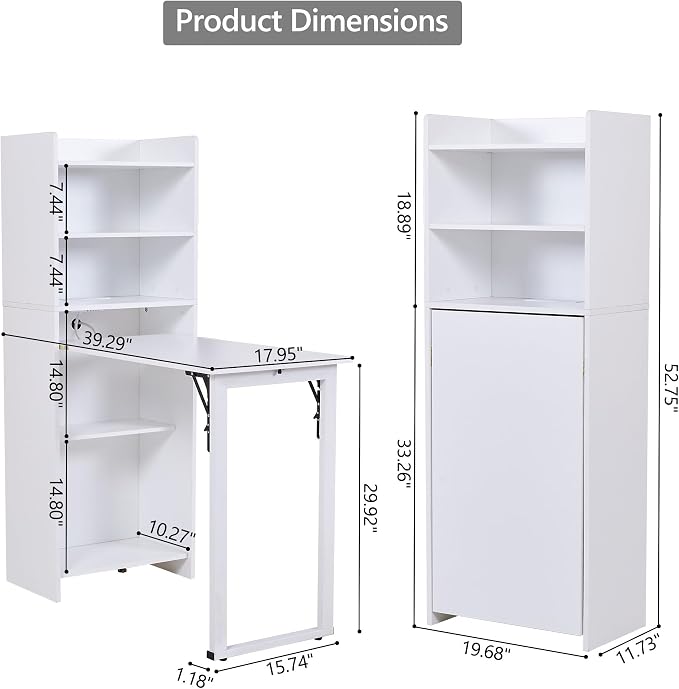 Folding Desk with Storage,Space-Saving Foldable Desk, Wall Mount Fold Out Computer Table for Home Office (White)