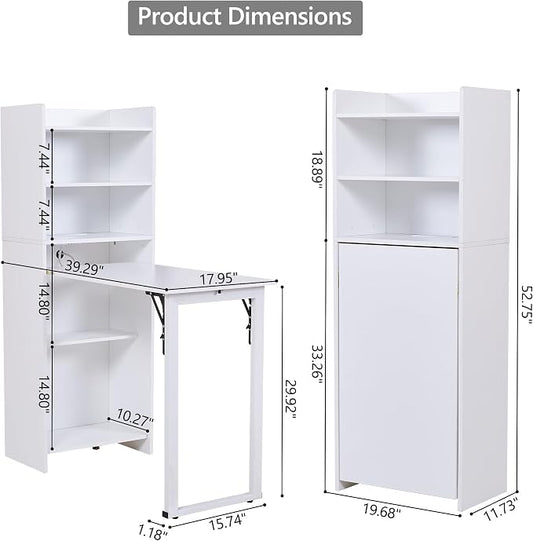 Folding Desk with Storage,Space-Saving Foldable Desk, Wall Mount Fold Out Computer Table for Home Office (White)