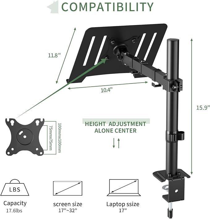UPGRAVITY Laptop Desk Mount, Single Laptop Stand Arm with Vented Tray for 17 inch Notebook or 14”-32” Monitor, Holds up to 17.6 lbs, Fully Adjustable, Clamp/Grommet Mounting, VESA 75/100mm