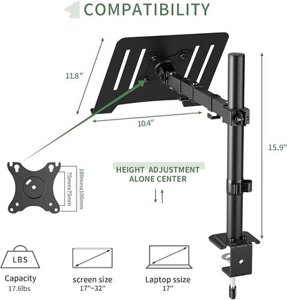 UPGRAVITY Laptop Desk Mount, Single Laptop Stand Arm with Vented Tray for 17 inch Notebook or 14”-32” Monitor, Holds up to 17.6 lbs, Fully Adjustable, Clamp/Grommet Mounting, VESA 75/100mm