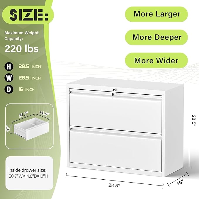 Crownland Lateral File Cabinet with 2 Drawers, 28" W Metal Lockable File Cabinets for Home Office, Office Cabinet for Storage Legal/Letter/A4/F4 Files(White)