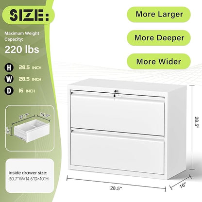 Crownland Lateral File Cabinet with 2 Drawers, 28" W Metal Lockable File Cabinets for Home Office, Office Cabinet for Storage Legal/Letter/A4/F4 Files(White)