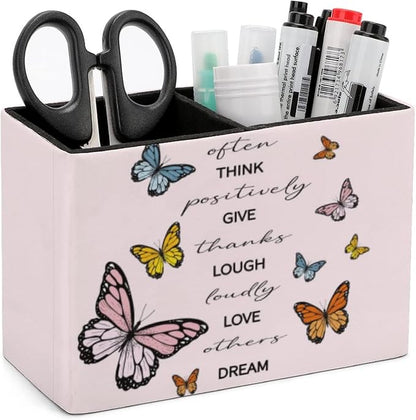 Niapessel Pencil Holder for Desk, Positive Quote Butterflies Pen Holder Storage Desktop Pen Organizer Desk Pencil Organizer Makeup Brush Holder for Office School College Leather