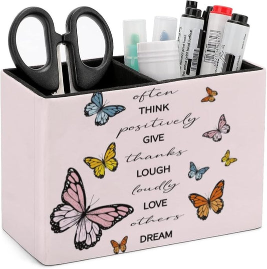 Niapessel Pencil Holder for Desk, Positive Quote Butterflies Pen Holder Storage Desktop Pen Organizer Desk Pencil Organizer Makeup Brush Holder for Office School College Leather