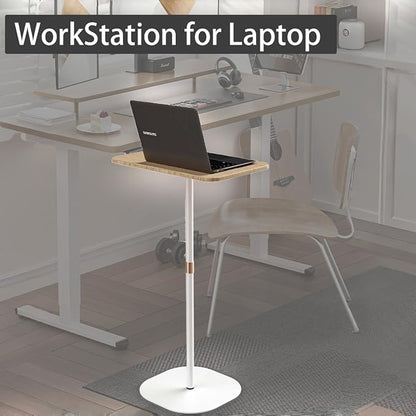 Small Laptop Standing Desk, 18“H - 46”H Adjustable Height Pedestal Side Table with Wooden Top, Portable Tall End Table, Stand-Up Desk for Bedside, Couch, Sofa, Living Room, Bedroom, Home Office, White