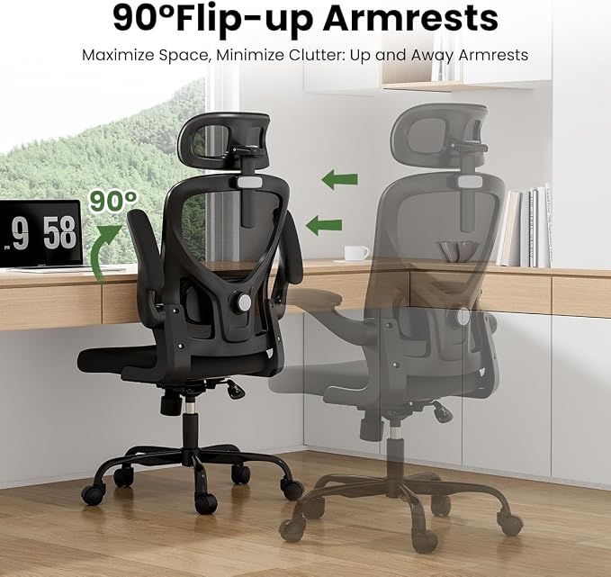 Soohow Office Chair, Ergonomic Office Mesh Desk Chair with Adjustable Back Support, High Back Comfy Computer Swivel Chair with Headrest, Lumbar Support for Study Room, Gaming and Office, Black Black