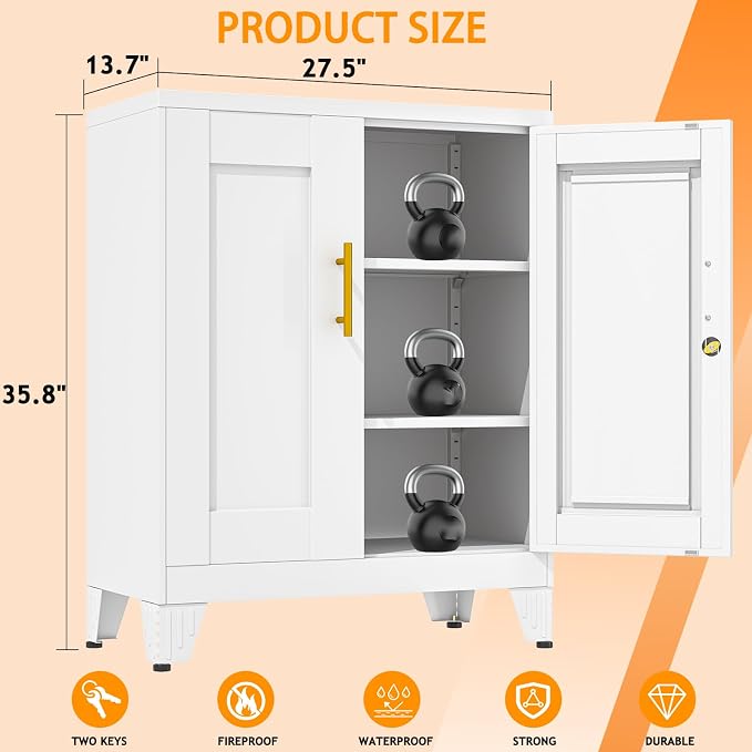 36 Inch Locking Storage Cabinet, 13.8" D x 27.6" W x 35.4" H, Metal Cabinet with 2 Adjustable Shelves, Heavy-Duty Steel Garage Storage Cabinet for Home, Office, Basement, White