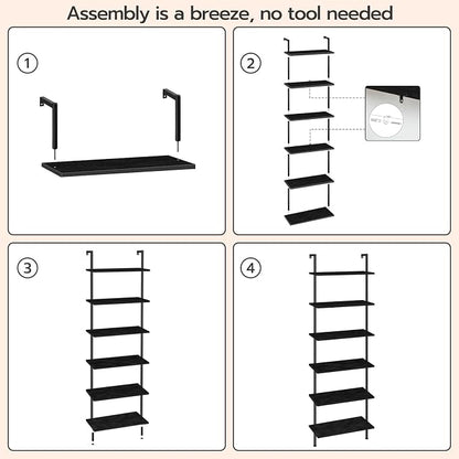HOOBRO DIY Ladder Shelf, 6-Tier Wall Mounted Bookshelf, Office Vertical Bookcase, Wooden Storage Shelves for Home Office, Bedroom, Black BB65CJ01