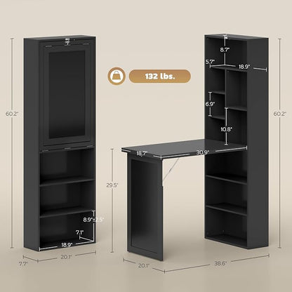 HOMCOM Foldable Convertible Writing Table, Wall Mounted Space-Saving Computer Desk with Chalkboard and Storage Shelves for Small Spaces, Home Office, Bedroom, Dorm, Apartment, Black
