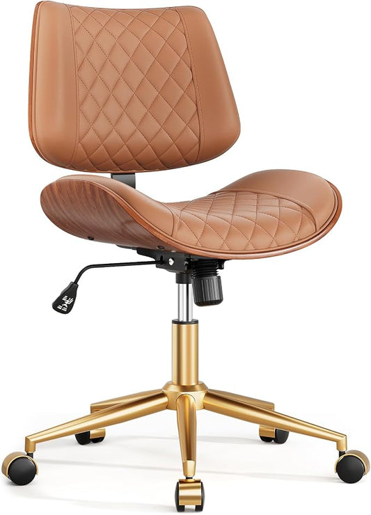 Home Office Desk Chair with Swivel Wheels, Mid-Century Modern PU Leather Armless Office Chair, Small Mid Back Computer Chair for Home Office, Meeting Room
