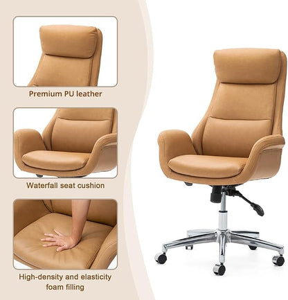 Glitzhome Modern Executive Office Chair, High Back PU Leather Ergonomic Computer Desk Chair, Adjustable Height Swivel Office Task Chair with Lumbar Back Support (Camel)