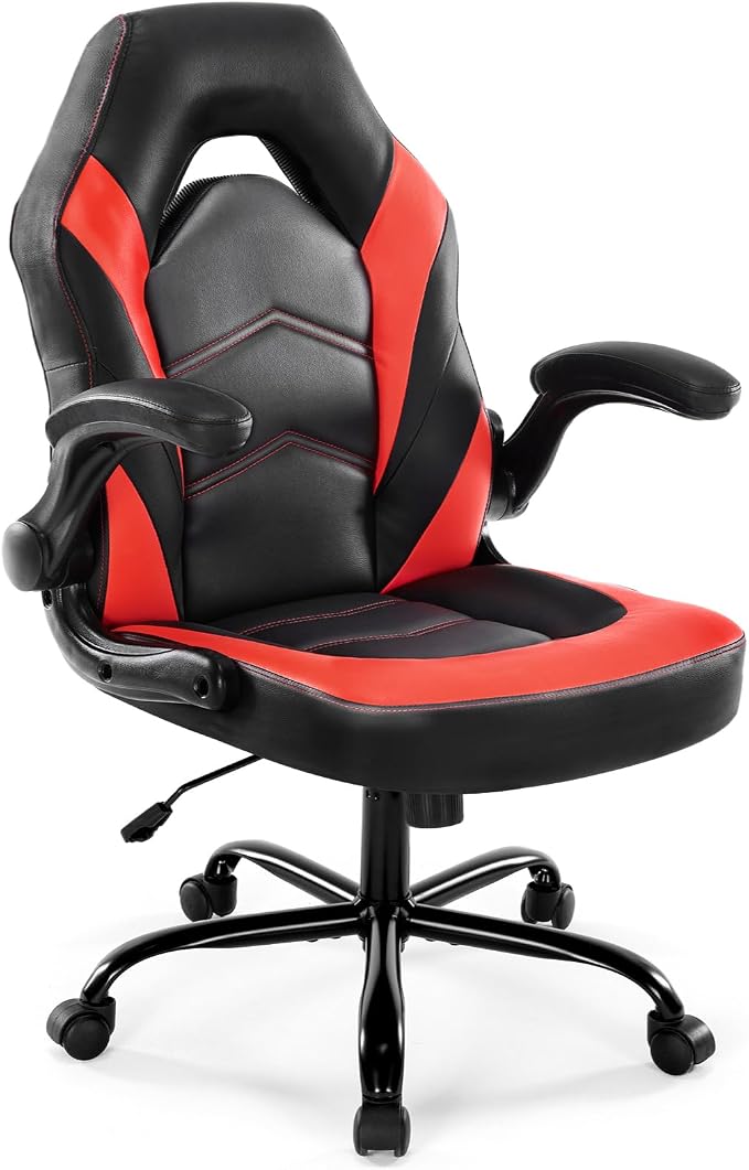DUMOS Ergonomic Computer Gaming Chair with Flip-up Armrest, Height Adjustable PU Leather Home Office Desk Chair with Lumbar Support Swivel Wheels and for Adults and Kids, Scarlet Red
