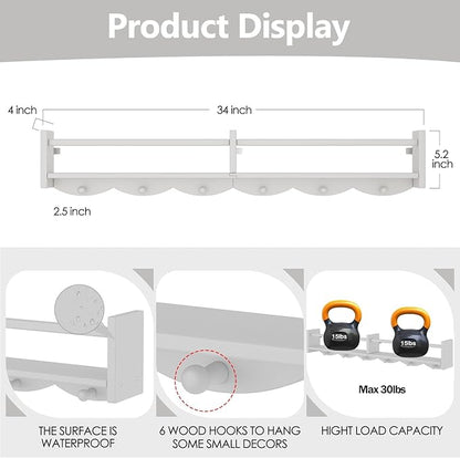 34Inch Nursery Bookshelves,Set of 4,Wall Floating Shelf Kids Coat Rack with 6Hooks,Hanging Book Shelf for Baby Nursery Room Décor ，Patent Number: 29958098(White, 34)