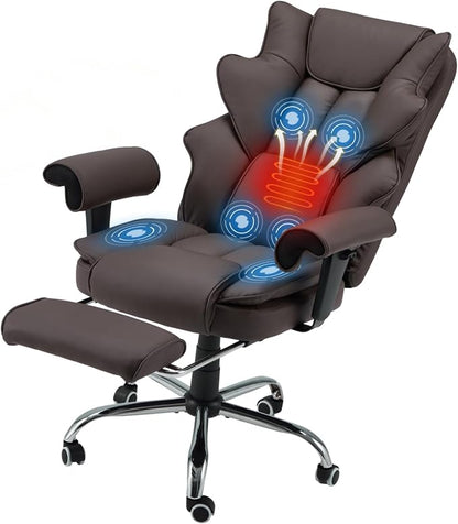 HOMREST Brown Ergonomic Office Chair | 6-Point Vibration Massage & Heat, Reclining Executive Chair, Adjustable Footrest and Armrests, PU Leather Big and Tall