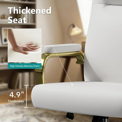 White and Gold Office Desk Chair Memory Foam, High Back Leather Executive Office Chair with Wheels and Arms for Women Girls Teens Adults