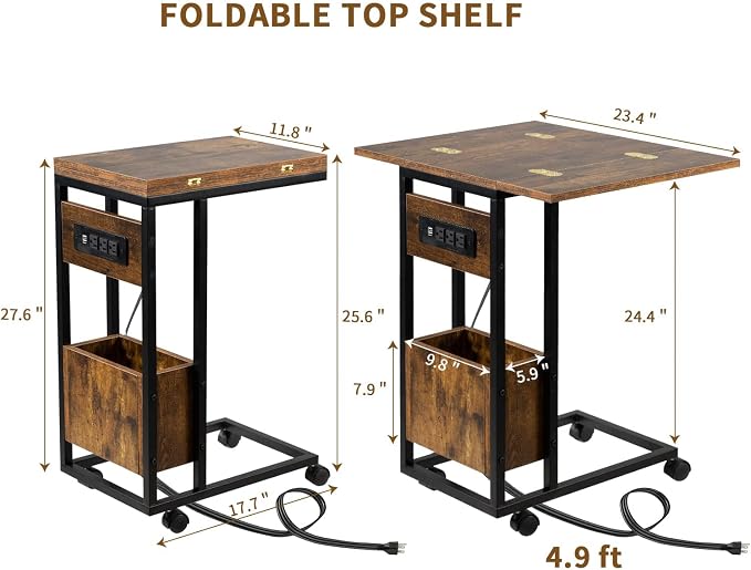 Hadulcet C Tables End Table Set of 2, C Shaped Side Table with Charging Station, Folding Table TV Trays for Eating, Couch Tables that Slide Under, Small End Table Snack Tables, Rustic Brown