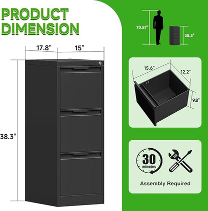 3 Drawer File Cabinet with Lock,Metal Vertical Filing Cabinets for Home Office,Heavy Duty File Storage Cabinet for Letter/Legal/A4/F4 Size File,Easy to Assemble,Black