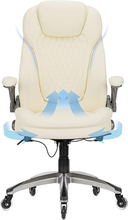 COLAMY Ergonomic Office Chair, Set of 2 Boxes, High Back Leather Desk Chair with Flip-up Arms, Adjustable Height & Rocking Function, Silent Wheels, Ivory Executive Computer Chair, 300lbs Capacity