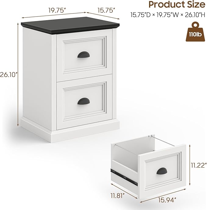 Halitaa Vertical File Cabinet, Filing Cabinet with 2 File Drawers, Farmhouse Small File Cabinet Fits Letter/A4 Size, Wooden Printer Stand, Under Desk Cabinets for Home Office, White and Black