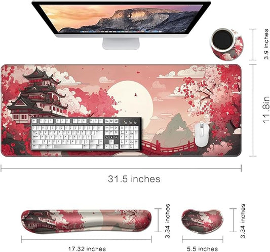 Desk Mat, Large Gaming Mouse Pad with Wrist Rest, 4 in1 XXL Mouse pad+Keyboard Wrist Rest+Mouse Pad Wrist Support+Cup Coaster Set, Ergonomic Desk Pad for Home Office, Japanese Sunrise