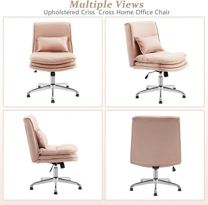 VINGLI Cloud Criss Cross Legged Home Office Desk Chair, 18" High Back Armless, Wide Adjustable Comfy Padded Seat, Modern Swivel Makeup Vanity Chair, Microfiber, Pink