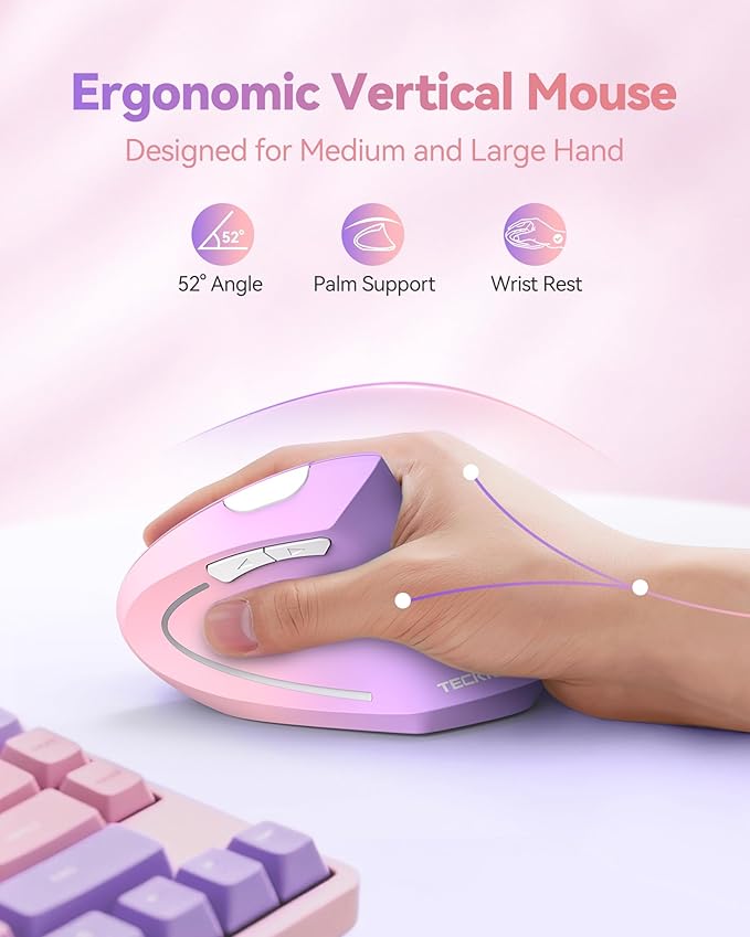 TECKNET Ergonomic Mouse Vertical Wireless with 2.4GHz USB Receiver - Optical Carpal Tunnel Mice Right Hand, 4800 DPI Adjustable, Quiet Clicks, 6 Buttons for Laptop, Desktop, PC, Computer - Pink Purple
