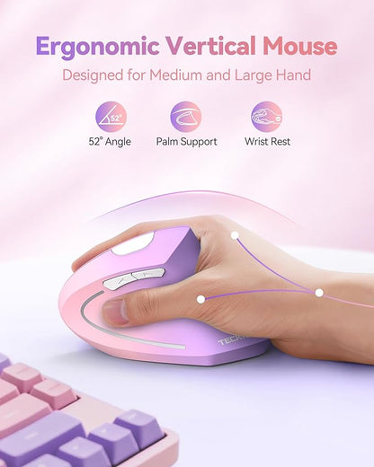 TECKNET Ergonomic Mouse Vertical Wireless with 2.4GHz USB Receiver - Optical Carpal Tunnel Mice Right Hand, 4800 DPI Adjustable, Quiet Clicks, 6 Buttons for Laptop, Desktop, PC, Computer - Pink Purple