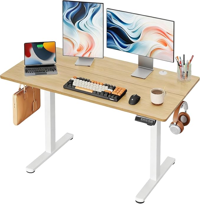 DEVAISE 48 Inch Electric Standing Desk, 3 Adjustable Computer Desk for Home Office, Ergonomic Sit to Stand Desk with LED Touchscreen, Headphone Hook, 3 Memory Preset, with Split Top, Maple