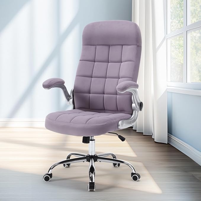 High Back Velvet Office Chair Purple, Comfy Home Executive Desk Chairs with Flip-Up Arms, Fabric Ergonomic Chairs with Lumbar Support, Stylish Computer Swivel Chair with Wheels for Women