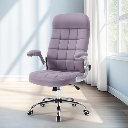 High Back Velvet Office Chair Purple, Comfy Home Executive Desk Chairs with Flip-Up Arms, Fabric Ergonomic Chairs with Lumbar Support, Stylish Computer Swivel Chair with Wheels for Women