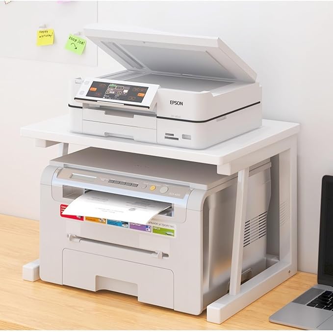 Desktop Printer Stand, 2-Tier Wood Rustic Printer Shelf for 3D & Laser Printer, Scanner, Copier, Durable Small Space Storage Organizer for Home Office Kitchen (White)